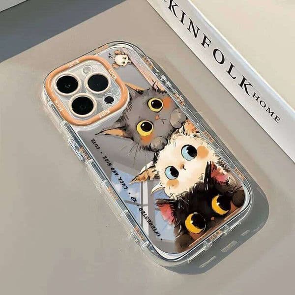 Cute Kitten Amiable Cat Air Cushion Mirror Phone Case For iPhone 17 15 14 16 Max 13 12 11 Pro XR XS 7 8 Plus 17Air Art Cover