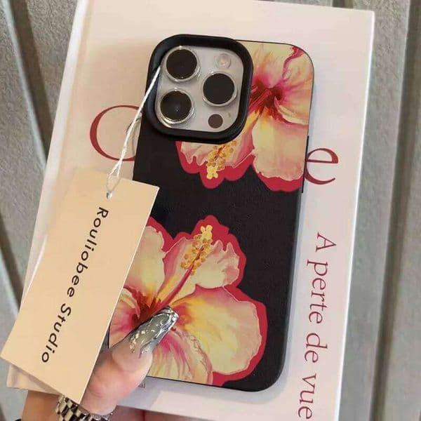 Artistic Hibiscus Flower Phone Case for iPhone 16 Pro Max 15 17 14 13 12 11 - Black Background with Vibrant Floral Print cover