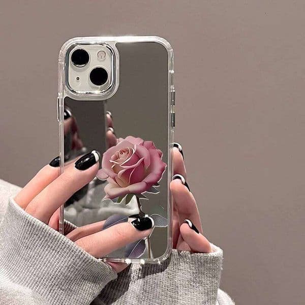 Rose Flower Mirror Phone 14 Case For iPhone 11 15 13 12 16 Pro Max Plus XR X XS MAX Shockproof Soft Cover Fundas
