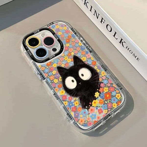 Korean Black Cat Flower Air Cushion Mirror Phone Case For iPhone 17 15 14 16 Max 13 12 11 Pro XR XS 7 8 Plus 17Air Art Cover