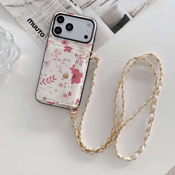 White Pink Floral PU Leather Phone Case With Card Pocket Crossbody Chain For iPhone 11 12 13 17 16 15 14 Pro Max