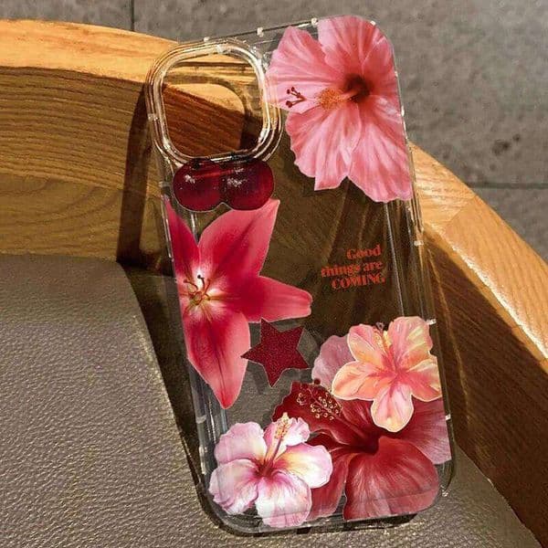 Cherry Flower Print Clear Case For iPhone 16 15 14 13 Pro 11 12 Mini X XR XS Max 7 8 Plus SE2 Stylish Shockproof Soft Cover