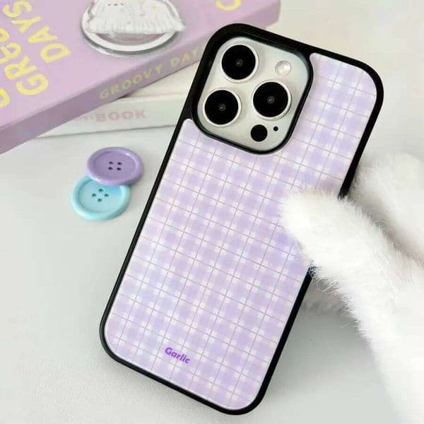 Korean Ins Purple Grid Fresh Phone Case For iPhone 17Air 17 16 15 14 13 12 11 Pro Max 7 8 Plus Mini X XR XS Y2K Hard Cover