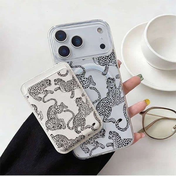 Full screen Pink Leopard Magsafe wallet Magnetic Card holder Phone Case For iPhone 13 16 15 12 14 17 Pro Max 16Plus Cover