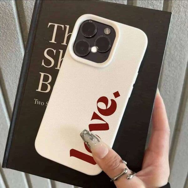 Minimalist Leather Phone Case iPhone 17 16 11 12 15 14 13 Pro Max - Red "love" Letter Elegant & Simple Design for Women