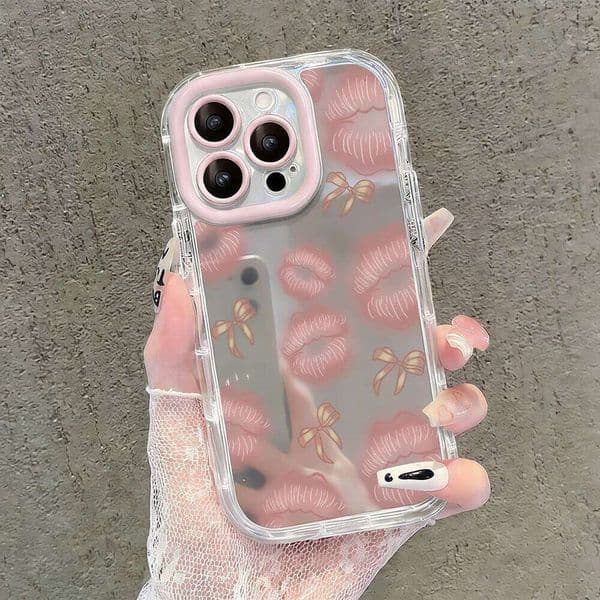 Lip Print Bow Air Cushion Mirror Phone Case For iPhone 17 15 14 16 Max 13 12 11 Pro X XR XS MAX 7 8 Plus 17Air INS Cover