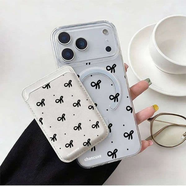 Full screen Black Bowknot Magsafe wallet Magnetic Card holder Phone Case For iPhone 16E 13 16 15 12 14 17 Pro Max Plus Cover