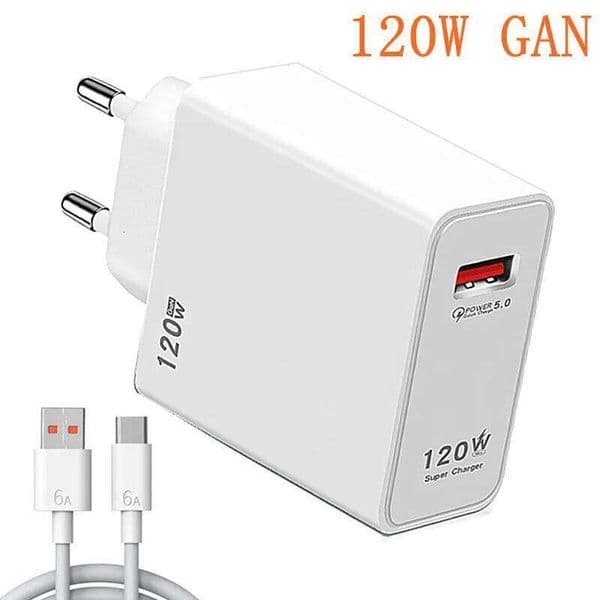 120W GAN USB Charger QC 5.0 4.0 3.0 Fast Adapter for iPhone 14/13/12 Samsung Xiaomi Realme - Phone Charging Cable
