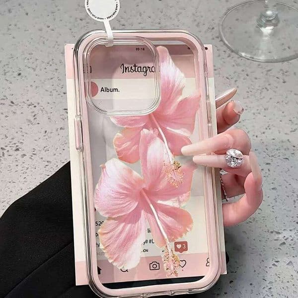 Pink Hibiscus Clear Phone For iPhone 13 16 15 11 12 14 Pro Max 17 Air XR X Case Silicone 2 IN 1 Shockproof Soft Cover