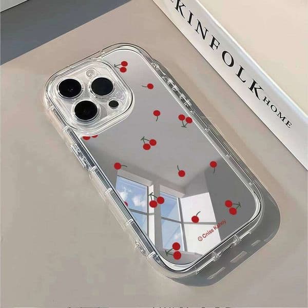 Cute Cherry Mirror Phone Case For iPhone 17 11 12 13 Pro Max 17Air 15 14 16 8 7 Plus X XR XS SE Clear Soft TPU Cover