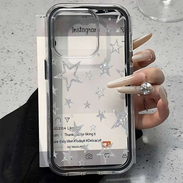 Glitter Silver Star Pattern 2in1 Clear Case For Samsung Galaxy S26 Ultra S25 S23FE S24 S22Plus A57 A37 A55 A54 A36 A35 A16 Cover
