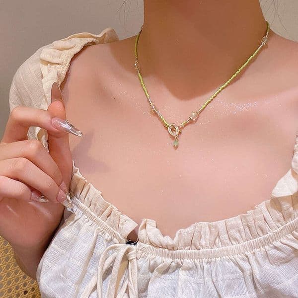 Designer Jewelry Luxury Jewelry Korean-Style Green Beaded Necklace For Women, Unique Design, Fashionable And Versatile Accessory, Simple Clavicle Chain Choker