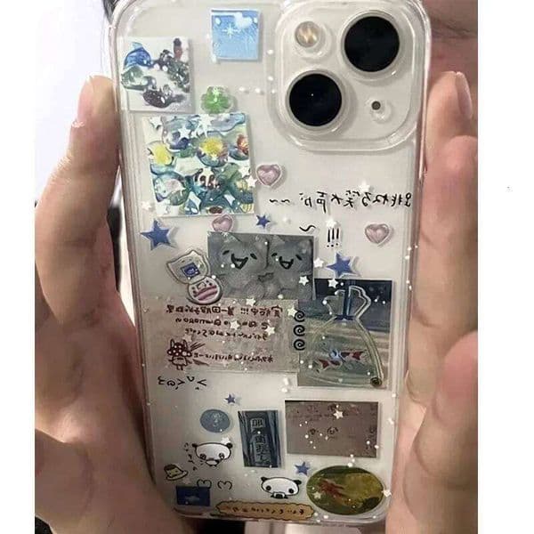 Korean Creative Splicing Graffiti Star Cartoon Phone Case for iPhone 16 15 14 11 12 13 Pro Max XR XS MAX Kawaii Girl Cover