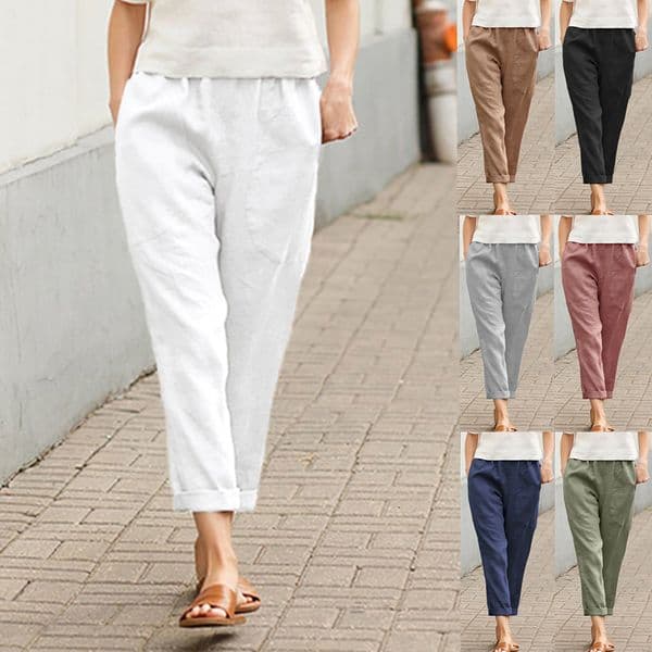 2023 European and American foreign trade women's clothing, ladies' large pocket solid color comfortable cotton-linen casual straight-leg pants