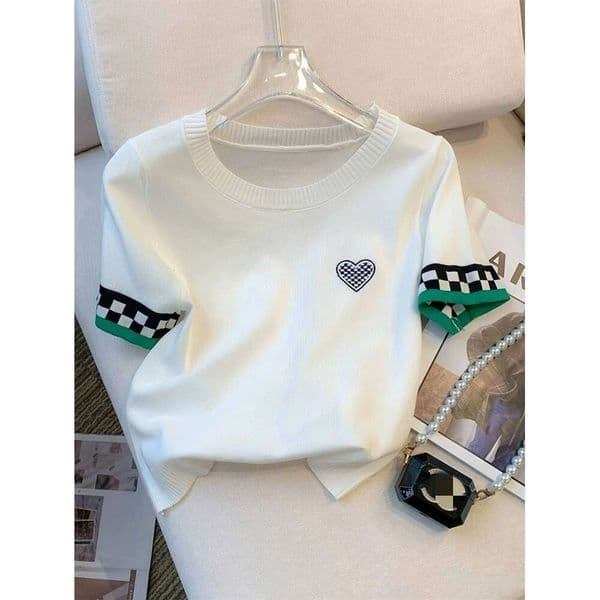 New Summer Heart Pattern Ribbed Pullover Casual Contrast Trim Crew Neck Short Sleeve Sweater Women's Clothing Crop Top