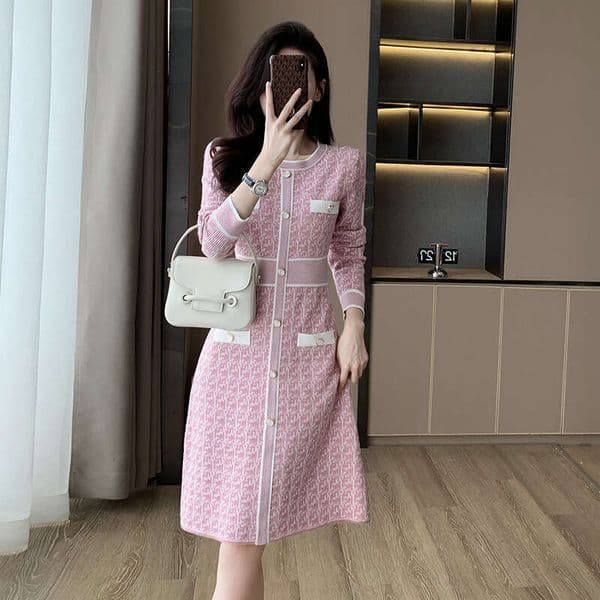 Autumn and winter women's clothing fashion designer trend new high-end j29 small fragrance style long sleeved A-line knitted women's clothing
