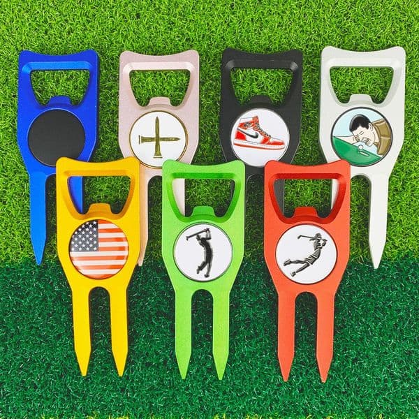 Golf accessories - aluminum alloy multi-functional putting wedge bottle opener with magnetic cap and ball mark marker - wholesale and purchase available