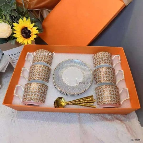 6-piece high-end ceramic coffee cup set with handle milk tea cup and office novelty gift packaging