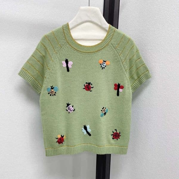 2026 Spring and Summer New Designer High A3 end Round Neck Color Cartoon Embroidery Fashion Short sleeved Knitted Shirt