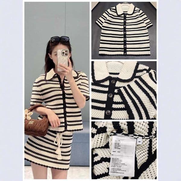 2026 Designer Women's Summer New Style Color blocked Striped Hollow Knitted Top Short Sleeve Single breasted Drawstring Half Skirt