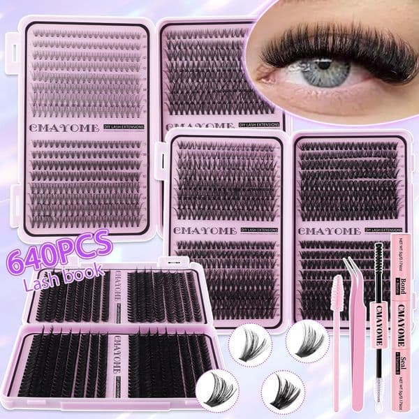 DIY Eyelash Clusters Kit with Lash Bond and Seal Tweezer Fluffy Wispy Individual Eyelashes Soft Lightweight Handmade Reusable DIY Lash Extensions D Curled