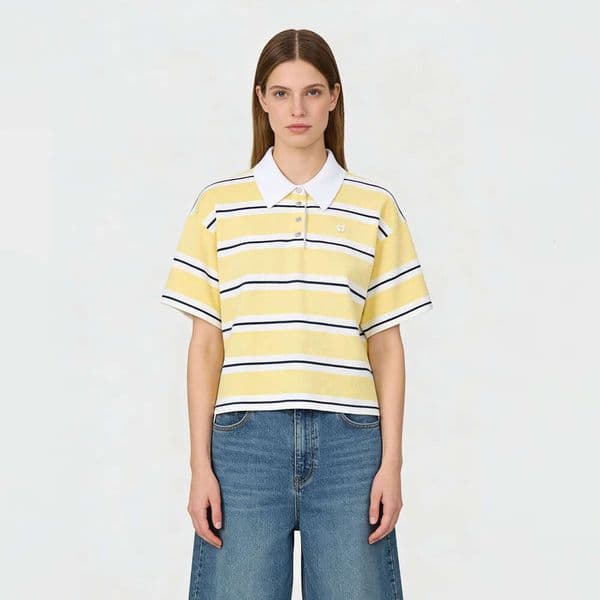 2026 Summer Designer French Fashion Sweet Youth Color blocked Striped Top POLO Collar Knitted Shirt Women's T-shirt