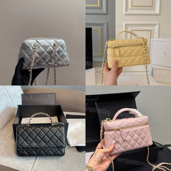 Luxury Quild Caviar Leather Vanity Crossbody Bag Women, Designer Diamond Patrn Shoulder Purse with Chain Strap & Top Handle, Elegant Handbag for Daily