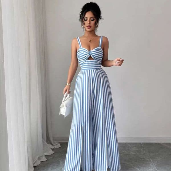 Designer European and A10 American women's clothing 2026 summer new fashionable casual striped hollow slim fit jumpsuit
