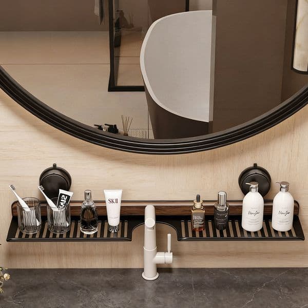 Walnut wood suction cup shelf, no-drill installation, for bathroom faucet, washbasin, toilet storage rack