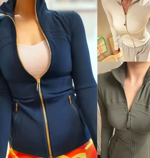 Yoga clothes, exercise and fitness, fit, gold zipper, stand-up collar designer luxury jacket, slim coat, female