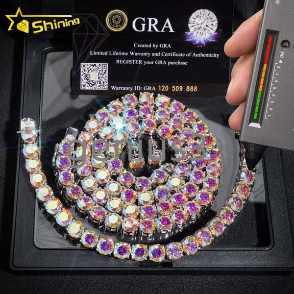 Pass Diamond Tester GRA Certificate 8MM Hip Hop Tennis Necklace Bracelet 925 Sterling Silver VVS Rainbow Moissanite Tennis Chain