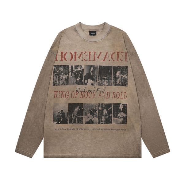 Men's Clothing 2025 American Street Style Trendy Washed Dirty-Dye Culture Shirt with Dark Character Print Long-Sleeve T-Shirt