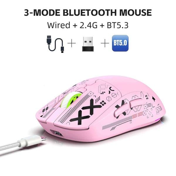 2025 New 3-Mode Wireless Gaming Mouse RGB Macro Ergonomic, 6 Programmable Buttons, Silent Click, Pink for PC/Laptop