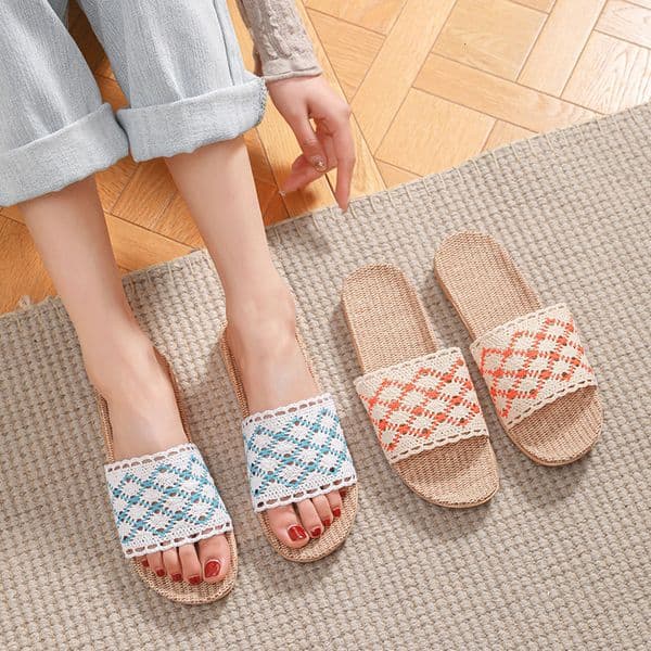 Lace Home Linen Four Seasons Summer Women Indoor Non-Slip Household Wooden Floor Silent Breathable Cool Slippers ddmythur