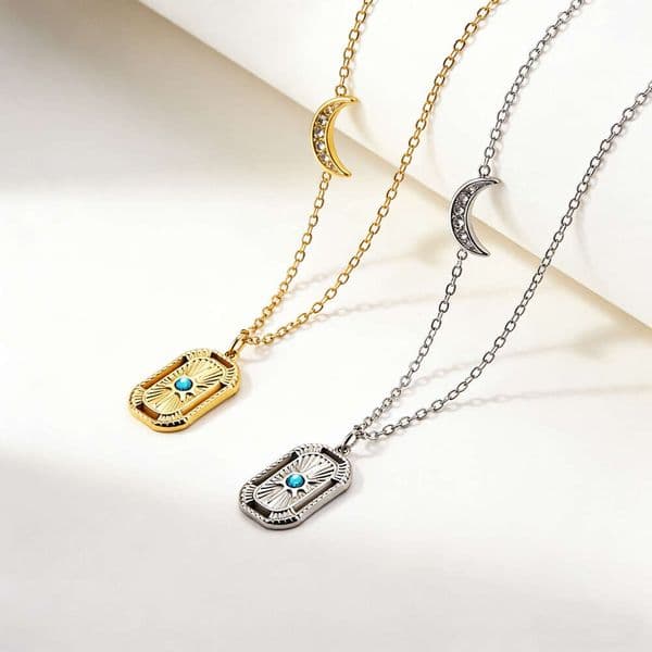 Cross-border vintage jewelry moon pendant with white diamonds and blue diamonds, stainless steel 18K gold-plated necklace