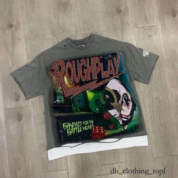 roughplay rockout shirt designer men shirt Fashion Washed Hole distressed Diamond patchwork short-sleeved Designer Hoodies with Bold Logo Mens T shirts Pai Cus 7b4