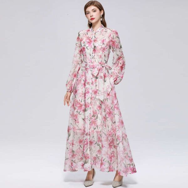 Designer's European and American vacation style heavy pearl decoration stand collar print single breasted long skirt elegant women's dress