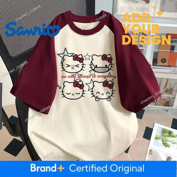 Designer New Sweet Cool Hello Kitty Printed Color Blocked Short Sleeved T-Shirt For Women's Summer Cute Loose Cudgeon Top Luxury Goods