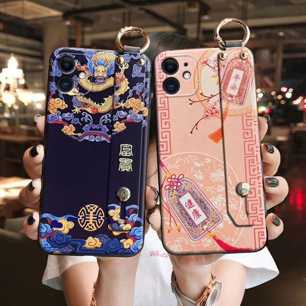 Luxury Designer Oriental Auspicious Pattern Phone Case, Premium Wristband Protective Shell For Iphone, High-end Traditional Accessory