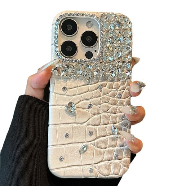 Luxury Crocodile Texture Sparkling Diamond iPhone 14 Pro Max Phone Case for Apple 17, Trendy 16, Women's 12, New Light Luxury