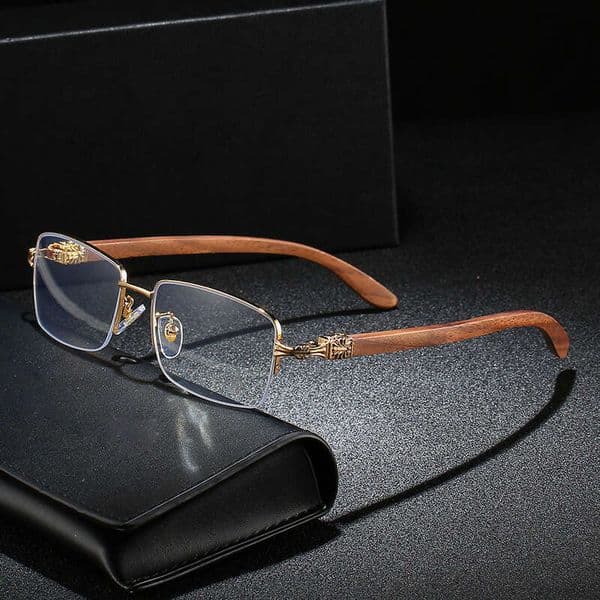 2021 New Wooden Leg Chrome Glasses Men, Business Half-Rim Myopia Eyeglass Frames, European and American Trendy Sunglasses for Women