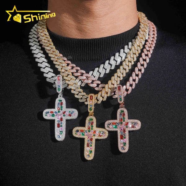 Fashion Body Jewelry Colorful moissanite Iced Out Cross Pendant High Quality Men Women Brass Hip Hop Pendant Necklace Daily Wear