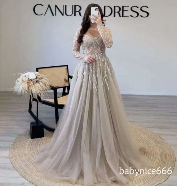 Gorgeous Silver Prom Party Dress 2026 V-neck Sequins Beads Long Sleeves A-line Tulle Evening Formal Gown Birthday Dresses Robe De Soriee