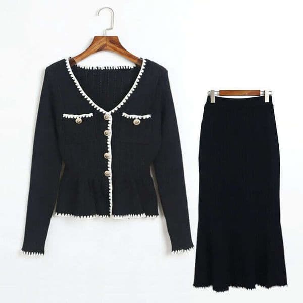 Spring designer knitted V-neck contrasting border g20 pleated waistband cardigan high waisted fishtail skirt small fragrance style clothing