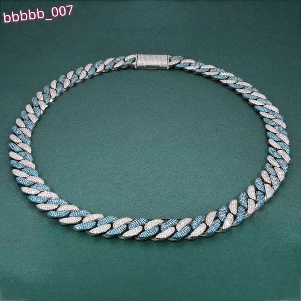 Luxury hip hop moissanite cuban link chain for men premium iced two tone blue white stone fashion jewellery style design