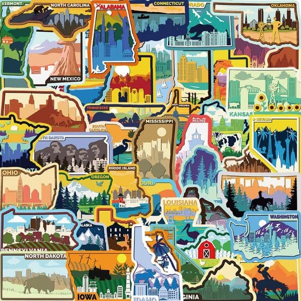 50 colored edges, graffiti stickers for various states in the United States, DIY decorative ledger, computer suitcase, waterproof stickers