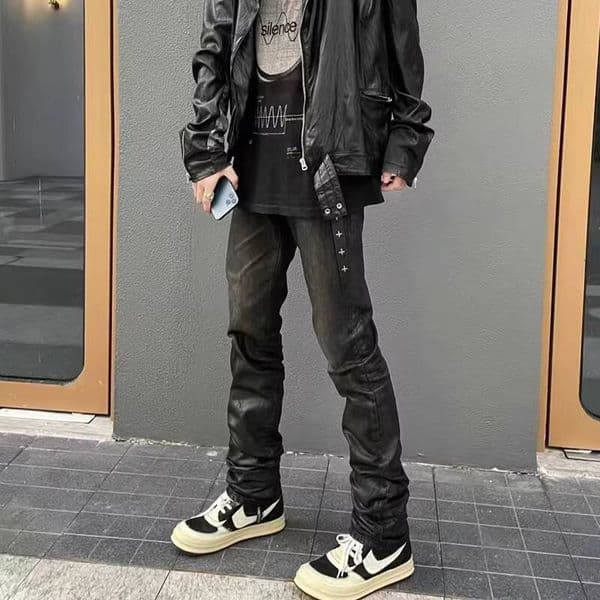 Men's Jeans Men's Jeans Ghost Claw Black Vinyl Hair Gel Dark Brown Leather Straight Tube Cat Tail Denim Pants High Street Pants