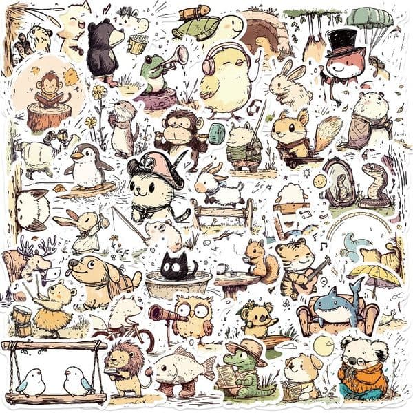 50 Cute Hand Painted Animal Graffiti Stickers Decorative DIY Handbook Stationery Luggage Notes Waterproof Stickers