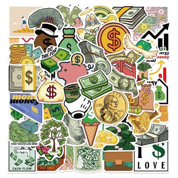 50 Cartoons Money Stickers Dollar Signs Decorative Ledger Water Cup Laptop Mobile Phone Stickers Waterproof