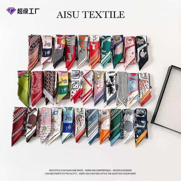 Imitation silk scarf women, and slender with a high-end feel, geometric print, fashionable accessory for tying bag handles, long small ribbon